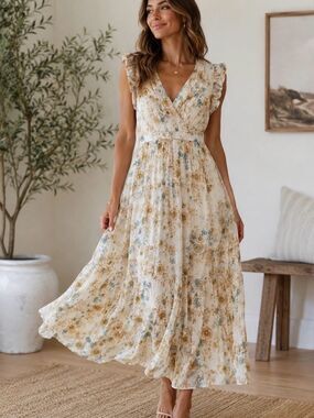 Taylor Women’s Floral V-Neck Maxi Dress Cream Size 6